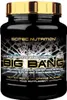 A black jar of Scitec Nutrition Big Bang pre-workout stimulant with a gold lid, set against a black background with a graphic design. Produktbild-Vorschau