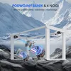 A white desk frame is shown with two electric motors illustrated, set against a snowy mountain backdrop. Podgląd zdjęcia produktu