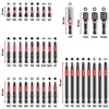 A collection of various screwdriver bits and magnetic nut setters, organized and labeled with dimensions and types. Náhled obrázku produktu