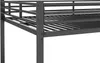 A close-up view of the corner of a black metal bunk bed frame, showing the railing and support structure. Voir les images du produit