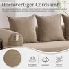 Close-up of a corduroy sofa with decorative pillows and a small pocket on the armrest containing a remote control. Below the sofa are three icons with text describing product features. Produktbild-Vorschau
