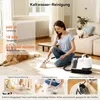 A woman is using a carpet cleaner on a rug, with a dog and a cat nearby. The image also includes text detailing product specifications and features. Anteprima dell’immagine prodotto
