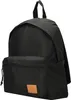 A black backpack with a small brown logo patch on the front pocket. Produktbild-Vorschau