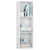 A white, three-tiered bookshelf with books and decorative items on each shelf. Produktbild-Vorschau