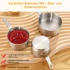 Three stainless steel saucepans with handles are arranged on a wooden surface. One saucepan contains ketchup. Produktbild-Vorschau