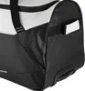 A close-up view of the bottom corner of a black and white travel bag with wheels. Anteprima dell’immagine prodotto