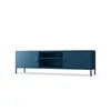 A dark blue metal TV stand with two doors and an open compartment in the middle, presented on a white background. Anteprima dell’immagine prodotto