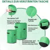 Zwei grüne Stoff-Pflanzsäcke, einer größer und einer kleiner, mit hervorgehobenen Details wie verstärkten Griffen, Doppelnaht, Aktivitätsfenster und strapazierfähigem zweifarbigem Boden Produktbild-Vorschau