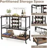 A multi-panel image showcasing a kitchen cart with various storage features, including wine racks, glass holders, and hooks. Podgląd zdjęcia produktu