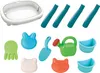 A collection of colorful plastic toys for sand and water play, including molds, a watering can, a shovel, and clips, arranged on a white background. Produktbild-Vorschau