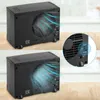 Two identical black mini air coolers are shown, one slightly above the other, on a wooden surface. A magnified inset on the right shows a close-up of the control switch of one of the coolers. Podgląd zdjęcia produktu
