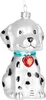 A glass Christmas ornament shaped like a Dalmatian puppy sitting down, wearing a blue collar with a red heart pendant. Voir les images du produit