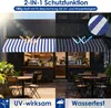 A split image showing an outdoor cafe setting with an awning. The left side depicts a sunny day, while the right side shows rain. The awning is blue and white striped. Náhled obrázku produktu