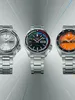Three Seiko 5 Sports watches are displayed side-by-side against a futuristic, light-streaked background. Voir les images du produit