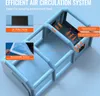 Diagram illustrating the air circulation system of an inflatable spray booth, highlighting filter vents and filter types. Voir les images du produit