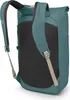 The back view of a teal backpack with black padding and tan straps. Produktbild-Vorschau