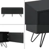A collage of four images showing a black sideboard with metal legs from different angles, including a close-up of a drawer and an open cabinet door. Podgląd zdjęcia produktu