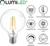 A clear image of a vintage-style LED light bulb with several informational icons and text in the background. Produktbild-Vorschau
