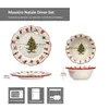 A collection of Christmas-themed dinnerware, including plates and bowls, with dimensions and care instructions indicated. Náhled obrázku produktu