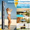 A woman showering on a beach next to a shower column, with inset images showing different use cases for the shower. Produktbild-Vorschau