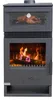 A dark gray wood-burning stove with a glass door showing a fire and another glass door above showing a rotisserie with a cooked chicken. Produktbild-Vorschau