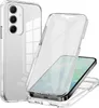 A clear phone case is shown in two configurations: one showing the back of a phone inside the case, and another showing the phone being placed into the case. Produktbild-Vorschau