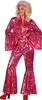 A woman wearing a pink disco jumpsuit with bell sleeves and flared legs, a blonde curly wig, and a pink headband. Produktbild-Vorschau
