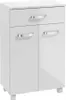A white, glossy bathroom cabinet with a drawer and two doors, standing on four short legs. Podgląd zdjęcia produktu
