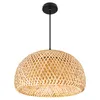 A pendant light with a woven bamboo shade and a black ceiling mount. Produktbild-Vorschau