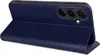 A dark blue flip case for a smartphone is shown standing open, revealing the phone's camera array. Produktbild-Vorschau