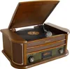 A wooden record player with a vinyl record on it. Produktbild-Vorschau