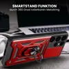 A red and black phone case with a ring stand is shown in a close-up shot, with a laptop and headphones blurred in the background. Produktbild-Vorschau