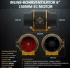 A product image showing an inline duct fan with technical specifications and package contents listed. Produktbild-Vorschau
