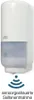 A white automatic soap dispenser with a transparent reservoir, mounted on a wall. Below the dispenser is a blue icon representing sensor waves and text in German. Produktbild-Vorschau