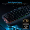 A close-up of a gaming keyboard with RGB lighting, with marketing text and an award badge. Produktbild-Vorschau