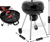 A black charcoal grill with dimensions indicated by red text and arrows. Produktbild-Vorschau