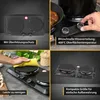 A collage of four images showcasing a double electric cooktop, its features, and its use. Produktbild-Vorschau