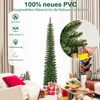 A slim artificial Christmas tree is shown in a living room setting with gifts at its base. A close-up inset shows a lighter igniting a branch, demonstrating fire resistance. Podgląd zdjęcia produktu