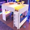 A loft bed with a desk and storage, set up in a room with neon lighting. Podgląd zdjęcia produktu