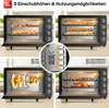 A collage of images showing a black mini oven with various food items inside, demonstrating different cooking functions and rack positions. Produktbild-Vorschau