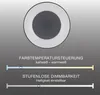 Diagram showing features of a light fixture, including color temperature control and dimmability. Produktbild-Vorschau