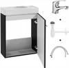 A bathroom vanity cabinet with a sink, faucet, siphon, and flexible hoses, displayed against a white background. Anteprima dell’immagine prodotto