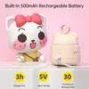 A cartoon cat character and a small beige vacuum cleaner are displayed on a white surface with a pink background. Text overlays provide product specifications. Náhled obrázku produktu