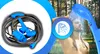 A split image showing a coiled blue camping shower on the left and a man showering outdoors with the blue shower on the right. Produktbild-Vorschau