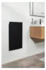 A black electric heater is mounted on a white wall next to a bathroom vanity with a wooden cabinet and a sink. Náhled obrázku produktu
