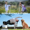 A collage showing children taking photos and a woman doing yoga with her dog, with technology present in both scenes. Produktbild-Vorschau