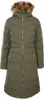 A full-length studio shot of a green puffer jacket with a fur-lined hood. Voir les images du produit