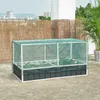 A raised garden bed with a protective net cover, situated on a rooftop with buildings and vegetation in the background. Produktbild-Vorschau