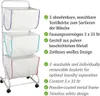 A white three-tiered laundry sorter with white fabric baskets, each with a different colored trim (purple, teal, pink). Text describes features in German and English. Produktbild-Vorschau