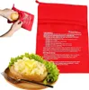 A collage showing a potato being placed into a red microwave potato bag, the red bag with instructions, and a cooked baked potato with butter and lettuce. Produktbild-Vorschau